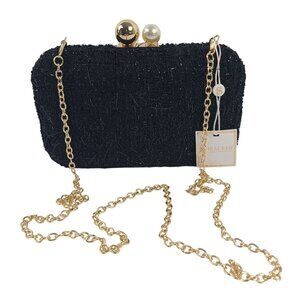 Shiraleah Black Mabel Minaudiere Evening Bag With Gold Chain Strap & Pearl Clasp